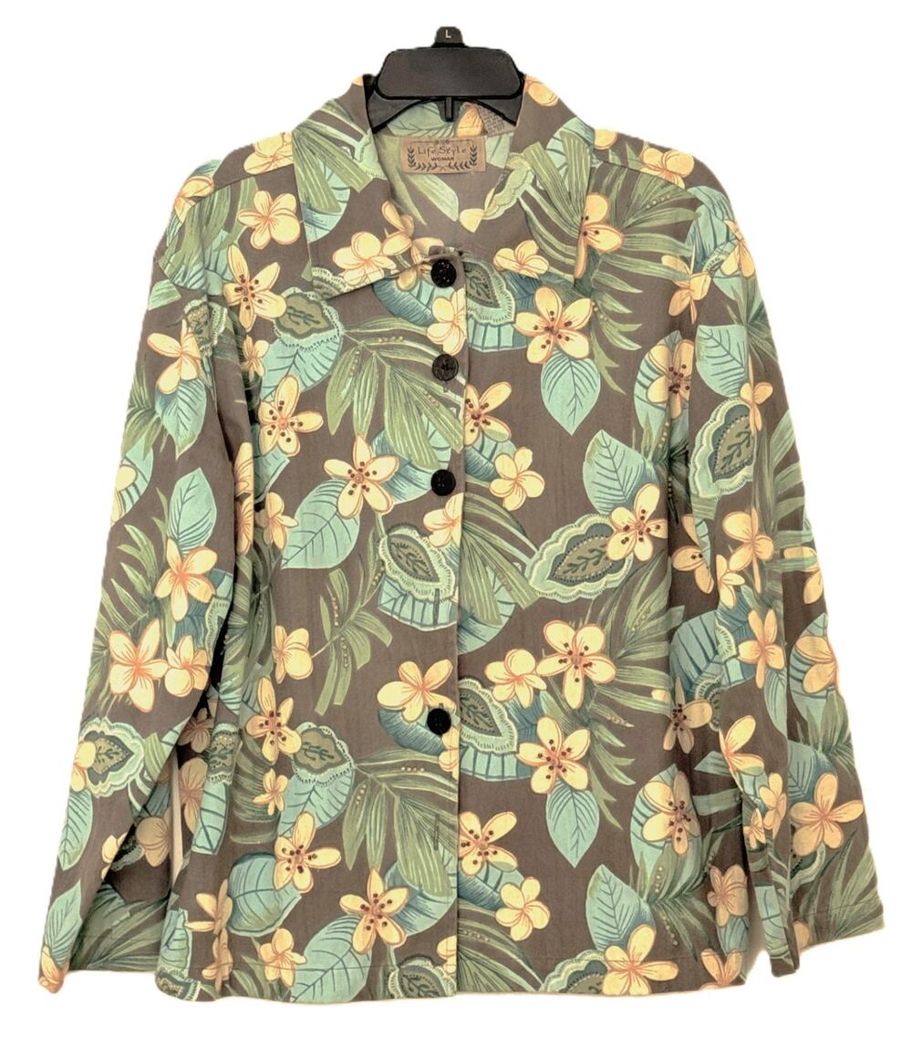 Life Style Woman Tropical Floral Button Up Shirt Jacket Shacket 1X